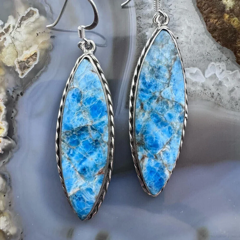 Sterling SW Style Elongated Marquise Blue Apatite Dangle Earrings For Women